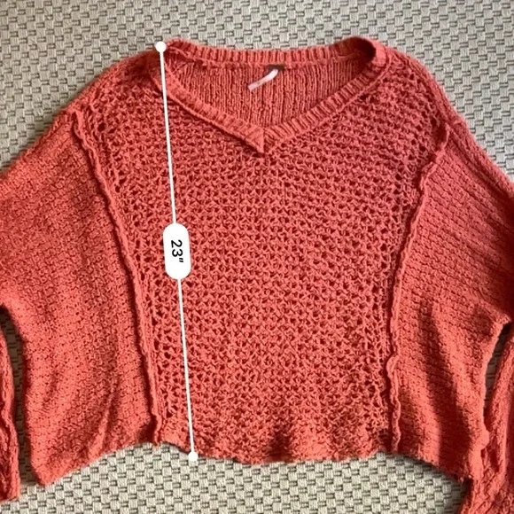 Free People V-Neck Crochet Boho Sweater - Burnt Orange - Size M - Picture 12 of 12